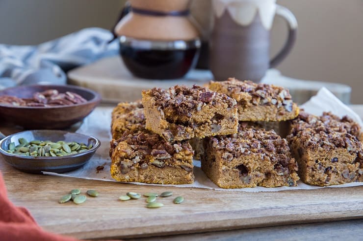 Paleo Pumpkin Coffee Cake - grain-free, dairy-free, refined sugar-free and gluten-free coffee cake recipe made with pecan streusel topping. A delicious fall treat! | TheRoastedRoot.com #dessert #breakfast #paleo