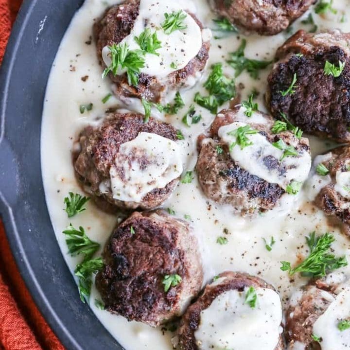 Paleo Swedish Meatballs - gluten-free meatballs in a creamy cauliflower-based sauce - a healthier take on the classic dish | TheRoastedRoot.com #whole30 #paleo #keto