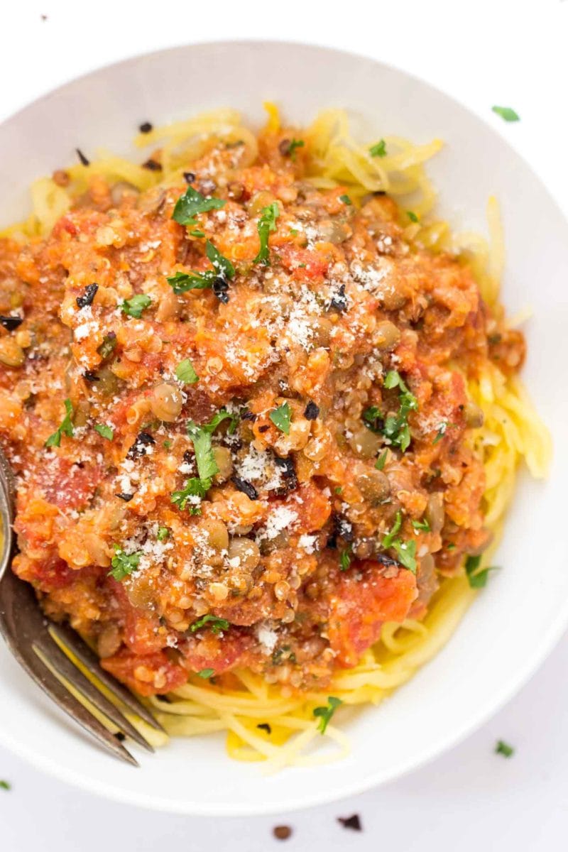 Quinoa Lentil Bolognese Spaghetti Squash