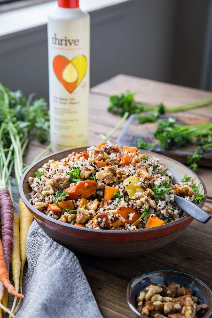 Roasted Winter Vegetable Quinoa Salad with Cider Vinaigrette - carrots, parsnips, butternut squash, sweet potato, parsley, and quinoa make up this gorgeous salad | TheRoastedRoot.net #paleo #vegan #vegetarian