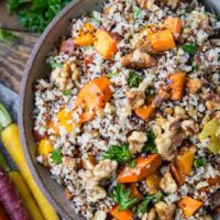 Roasted Winter Vegetable Quinoa Salad with Cider Vinaigrette - carrots, parsnips, butternut squash, sweet potato, parsley, and quinoa make up this gorgeous salad | TheRoastedRoot.net #paleo #vegan #vegetarian