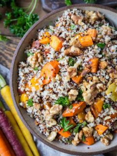 Roasted Winter Vegetable Quinoa Salad with Cider Vinaigrette - carrots, parsnips, butternut squash, sweet potato, parsley, and quinoa make up this gorgeous salad | TheRoastedRoot.net #paleo #vegan #vegetarian