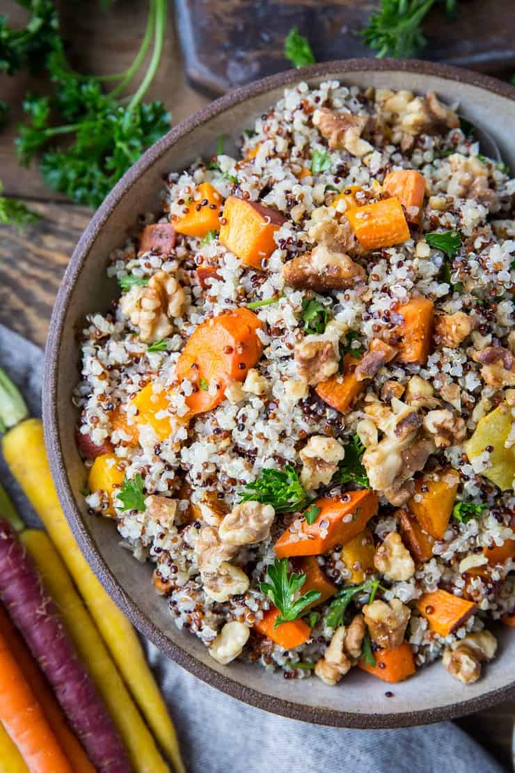 Roasted Winter Vegetable Quinoa Salad with Cider Vinaigrette - carrots, parsnips, butternut squash, sweet potato, parsley, and quinoa make up this gorgeous salad | TheRoastedRoot.net #paleo #vegan #vegetarian