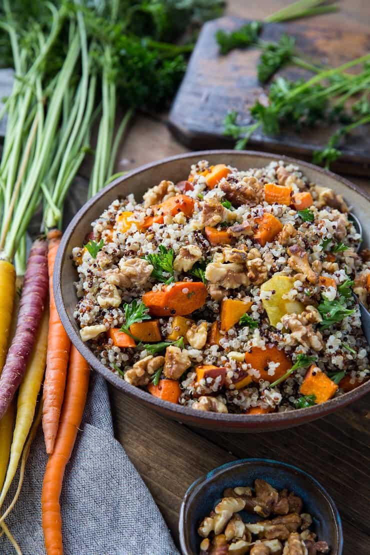 Roasted Winter Vegetable Quinoa Salad with Cider Vinaigrette - carrots, parsnips, butternut squash, sweet potato, parsley, and quinoa make up this gorgeous salad | TheRoastedRoot.net #paleo #vegan #vegetarian