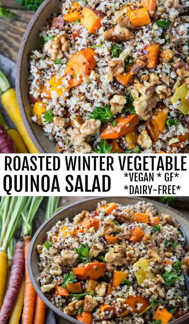 Roasted Winter Vegetable Quinoa Salad with Cider Vinaigrette - carrots, parsnips, butternut squash, sweet potato, parsley, and quinoa make up this gorgeous salad | TheRoastedRoot.net #paleo #vegan #vegetarian