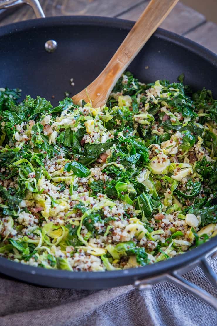 Warm Brussles Sprouts Salad with Kale, Quinoa, Pears, and Bacon Vinaigrette - an incredibly nutritious salad or side dish to share with friends and family | TheRoastedRoot.com #glutenfree #healthyrecipe