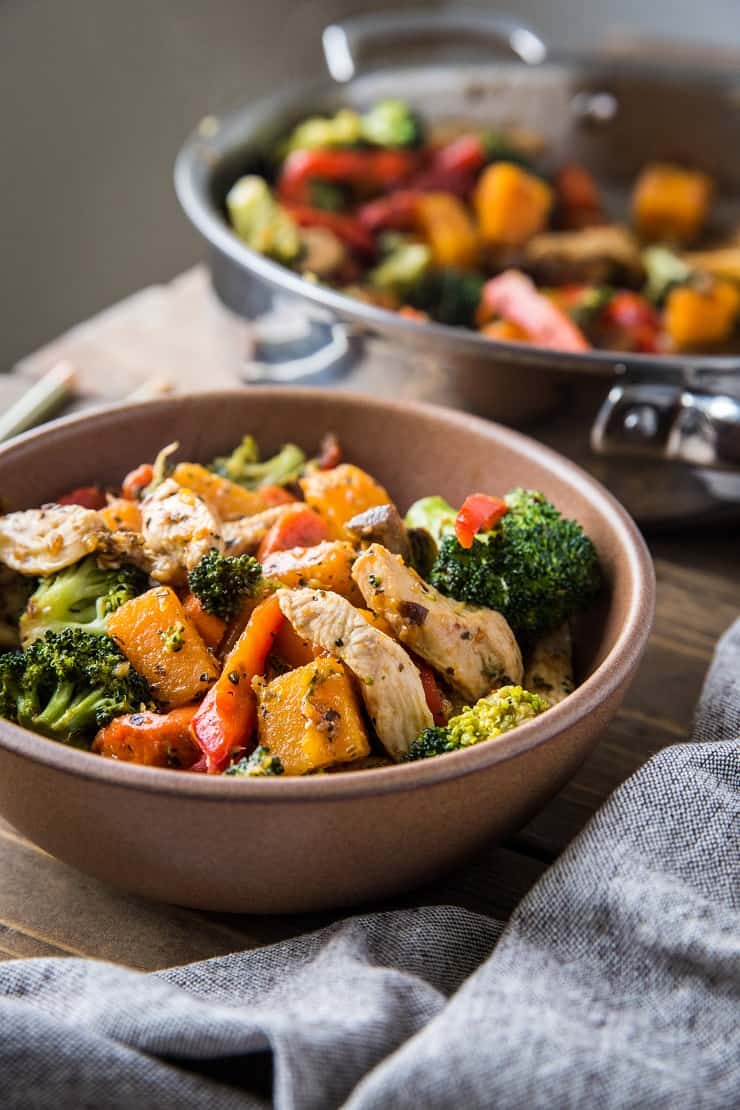 Butternut Squash Ginger Chicken Stir Fry - a clean, delicious, easy dinner recipe for weeknight meals. Paleo, Whole30, low-carb | TheRoastedRoot.net #glutenfree #healthyrecipe