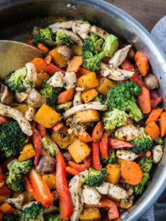 Butternut Squash Ginger Chicken Stir Fry - a clean, delicious, easy dinner recipe for weeknight meals. Paleo, Whole30, low-carb | TheRoastedRoot.net #glutenfree #healthyrecipe