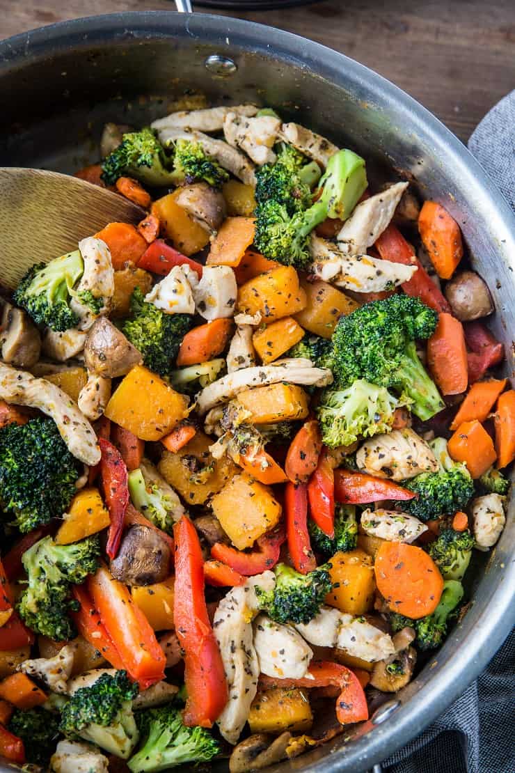 Butternut Squash Ginger Chicken Stir Fry - a clean, delicious, easy dinner recipe for weeknight meals. Paleo, Whole30, low-carb | TheRoastedRoot.net #glutenfree #healthyrecipe