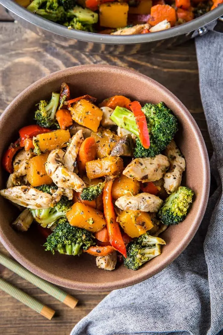 Butternut Squash Ginger Chicken Stir Fry - a clean, delicious, easy dinner recipe for weeknight meals. Paleo, Whole30, low-carb | TheRoastedRoot.net #glutenfree #healthyrecipe