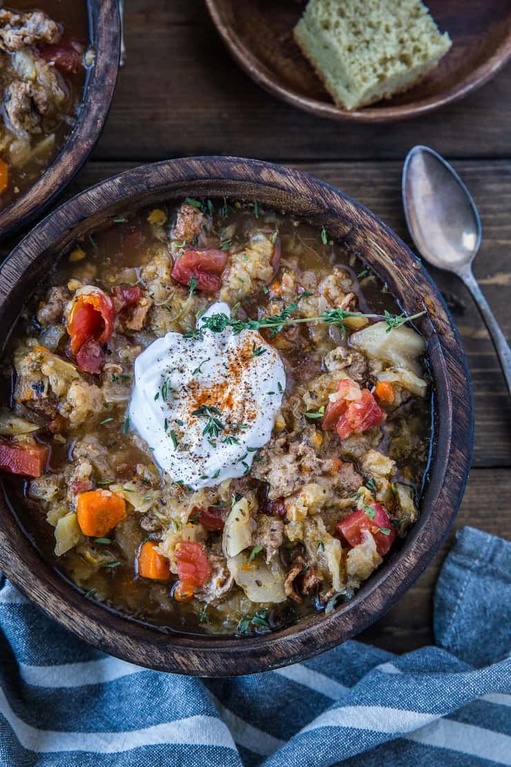 Instant Pot Cabbage and Sausage Stew (with a slow cooker method!) - paleo, Whole30, and healthy | TheRoastedRoot.net