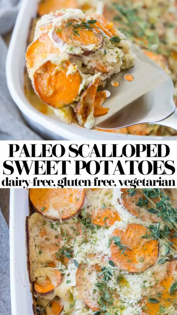 Healthy Paleo Scalloped Sweet Potatoes - dairy-free with a creamy cauliflower sauce - healthy, vegetarian, delicious healthy holiday side dish
