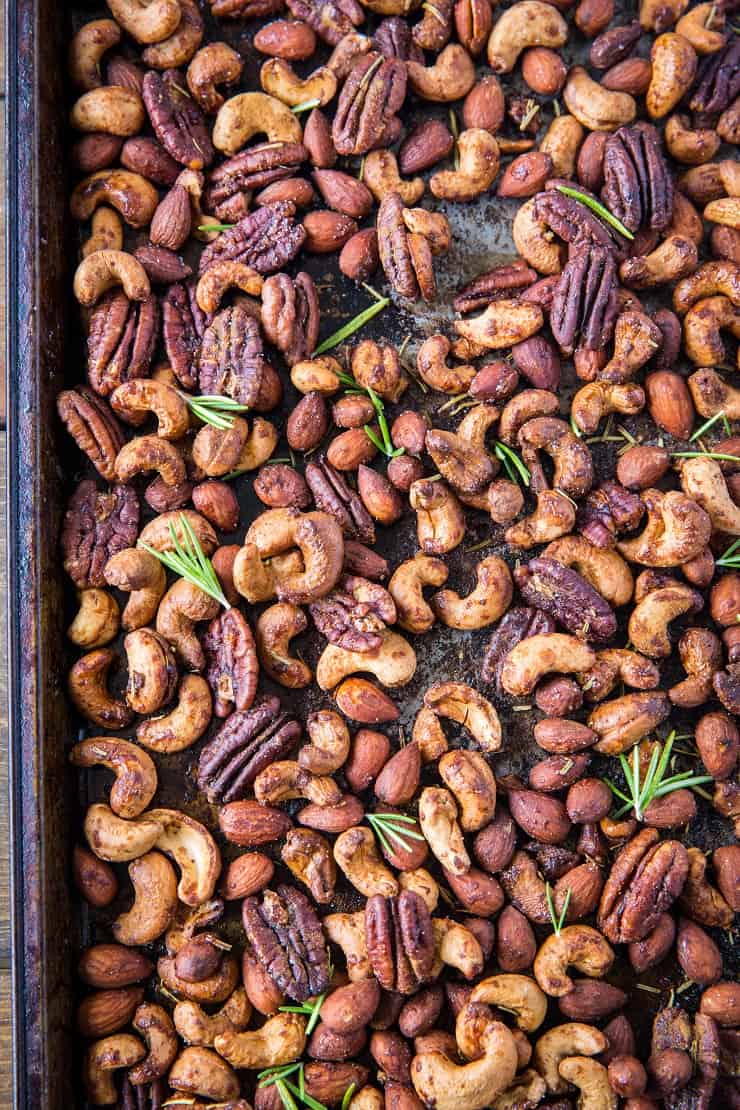 Maple Rosemary Roasted Nuts - refined sugar-free, vegan, paleo, and healthy! | TheRoastedRoot.net