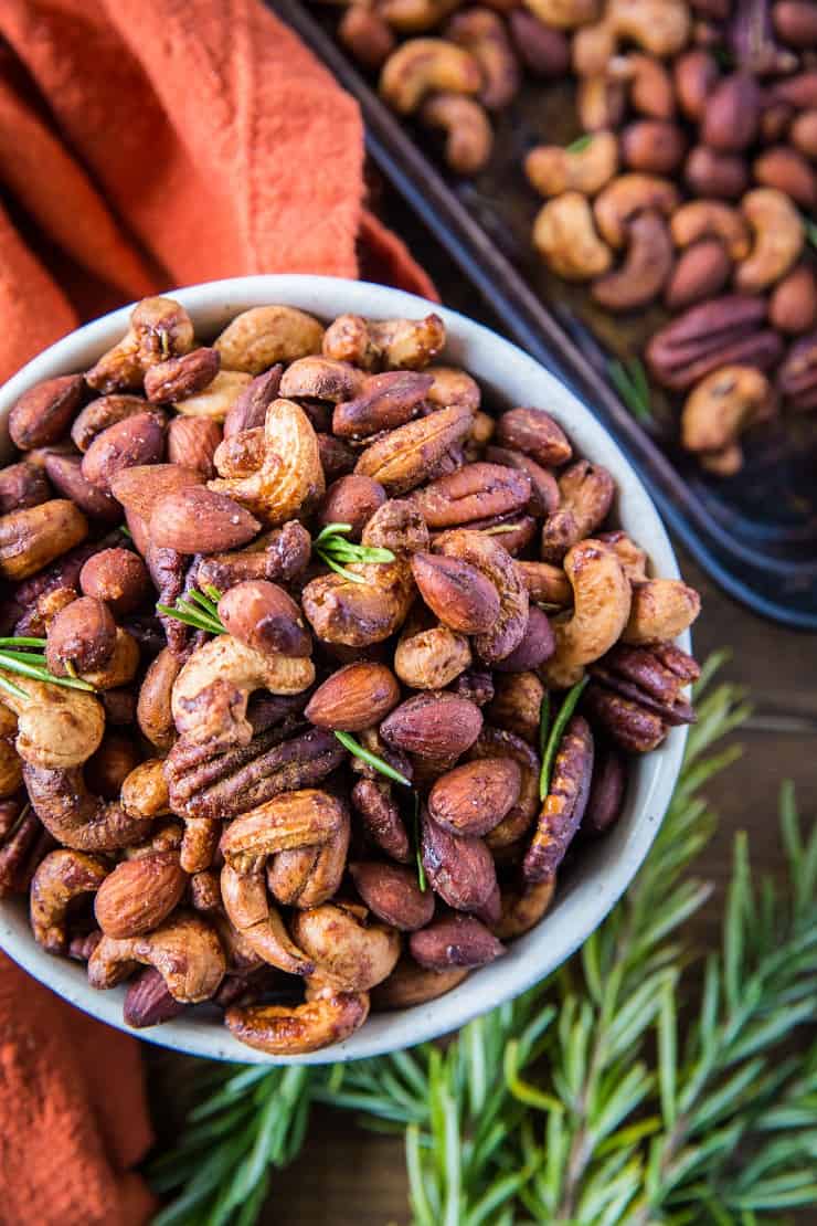 Maple Rosemary Roasted Nuts - refined sugar-free, vegan, paleo, and healthy! | TheRoastedRoot.net