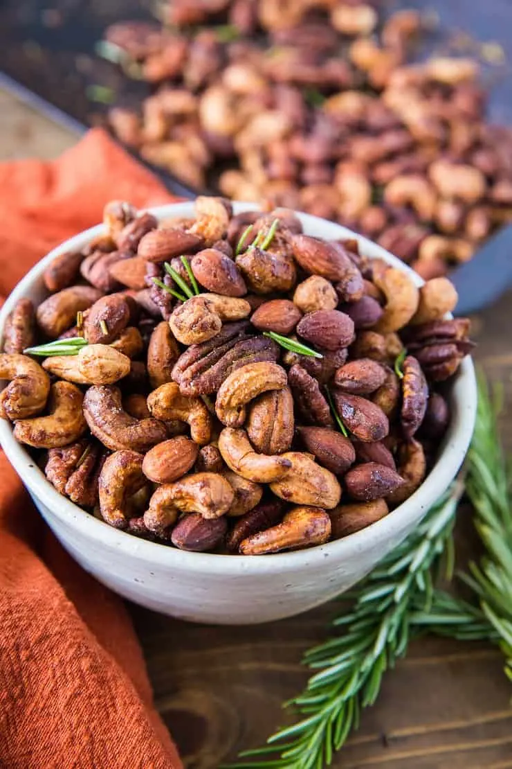 Maple Rosemary Roasted Nuts - refined sugar-free, vegan, paleo, and healthy! | TheRoastedRoot.net
