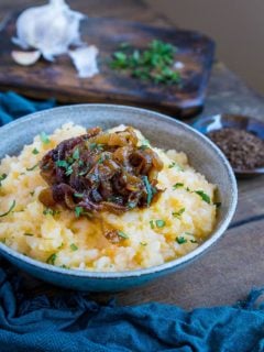 Mashed Rutabaga with Caramelized Onions - a lower-carb, more nutritious alternative to mashed potatoes | TheRoastedRoot.net #healthy #lowcarb #glutenfree #paleo