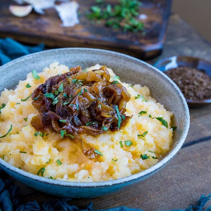 Mashed Rutabaga with Caramelized Onions - a lower-carb, more nutritious alternative to mashed potatoes | TheRoastedRoot.net #healthy #lowcarb #glutenfree #paleo