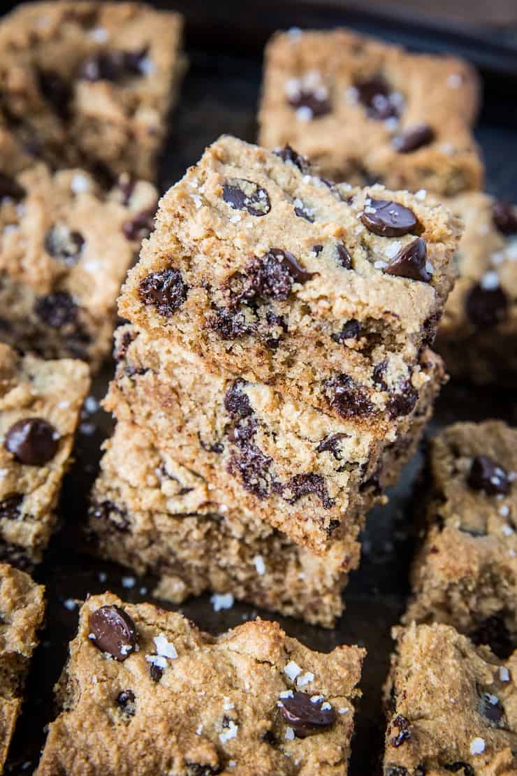 Paleo Chocolate Chip Cookie Bars - grain-free, refined sugar-free, healthy cookie bars made with almond flour and pure maple syrup | TheRoastedRoot.com #glutenfree #dessert