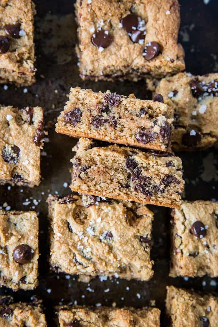 Paleo Chocolate Chip Cookie Bars - grain-free, refined sugar-free, healthy cookie bars made with almond flour and pure maple syrup | TheRoastedRoot.com #glutenfree #dessert