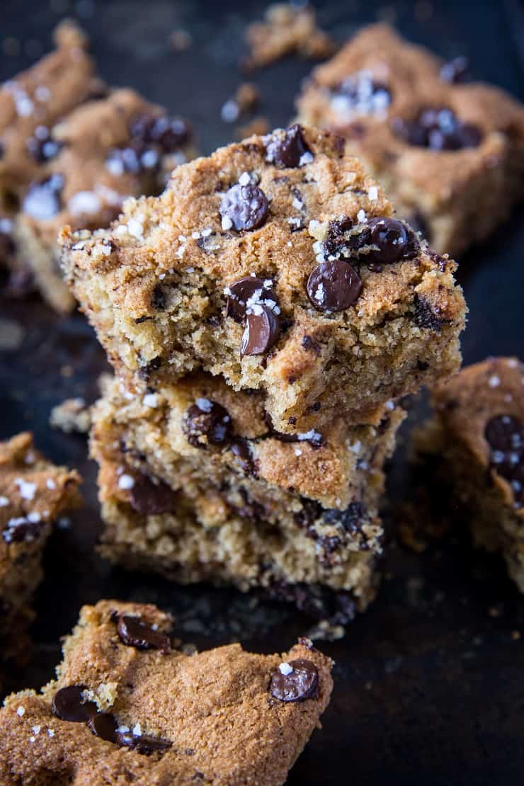 Paleo Chocolate Chip Cookie Bars - grain-free, refined sugar-free, healthy cookie bars made with almond flour and pure maple syrup | TheRoastedRoot.com #glutenfree #dessert