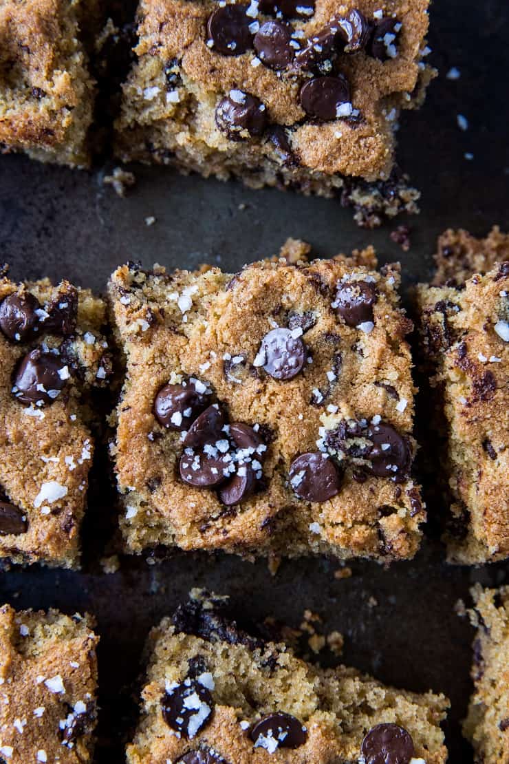 Paleo Chocolate Chip Cookie Bars - grain-free, refined sugar-free, healthy cookie bars made with almond flour and pure maple syrup | TheRoastedRoot.com #glutenfree #dessert