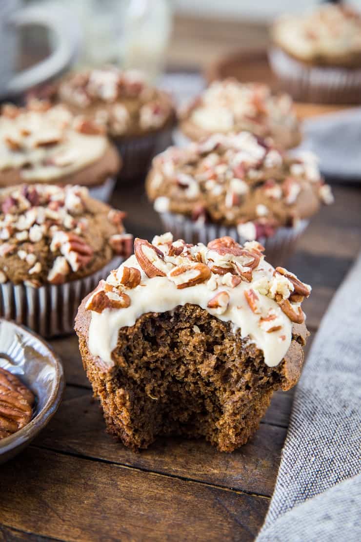 Paleo Gingerbread Muffins with Dairy-Free Cream Cheese Frosting - grain-free, refined sugar-free, healthy and delicious! | TheRoastedRoot.net #glutenfree