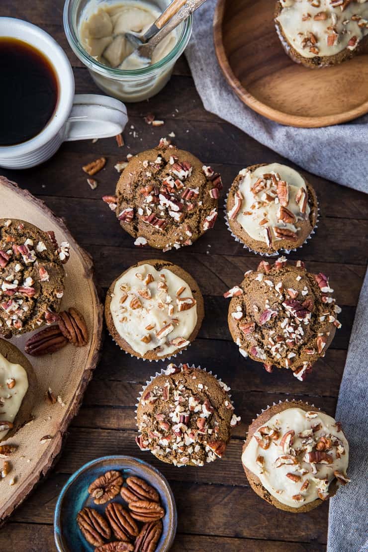 Paleo Gingerbread Muffins with Dairy-Free Cream Cheese Frosting - grain-free, refined sugar-free, healthy and delicious! | TheRoastedRoot.net #glutenfree