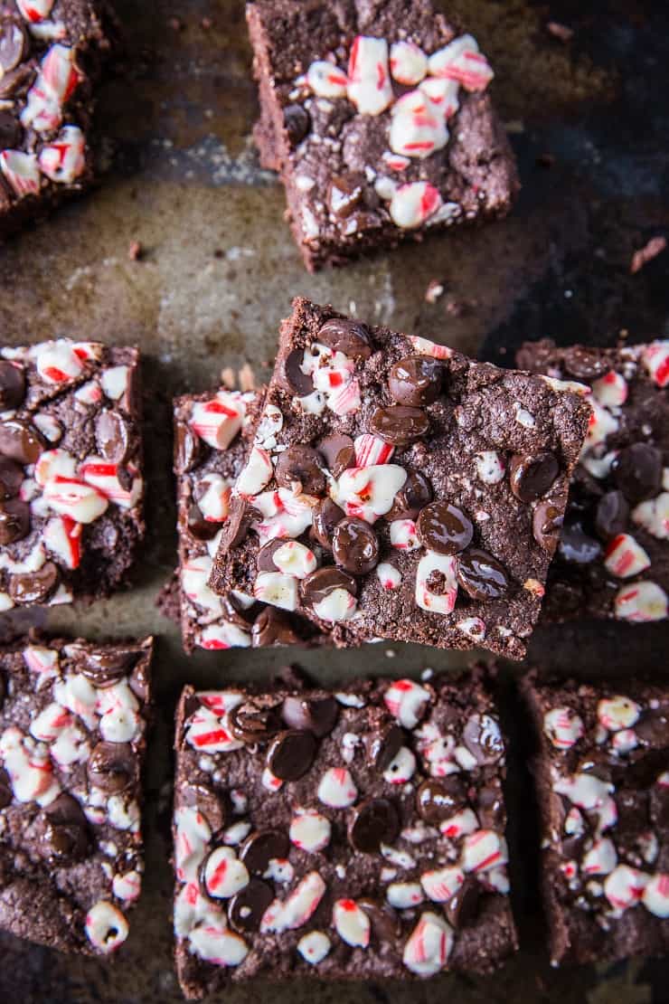 Grain-Free Peppermint Vegan Brownies - made with almond flour, almond butter, coconut oil, coconut sugar, etc. A healthy vegan brownie recipe | TheRoastedRoot.net