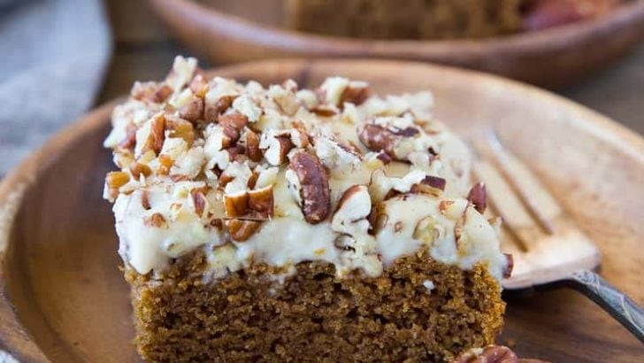 Paleo & Vegan Pumpkin Snack Cake with vegan "cream cheese" frosting - grain-free, dairy-free, egg-free, super moist and delicious! | TheRoastedRoot.net