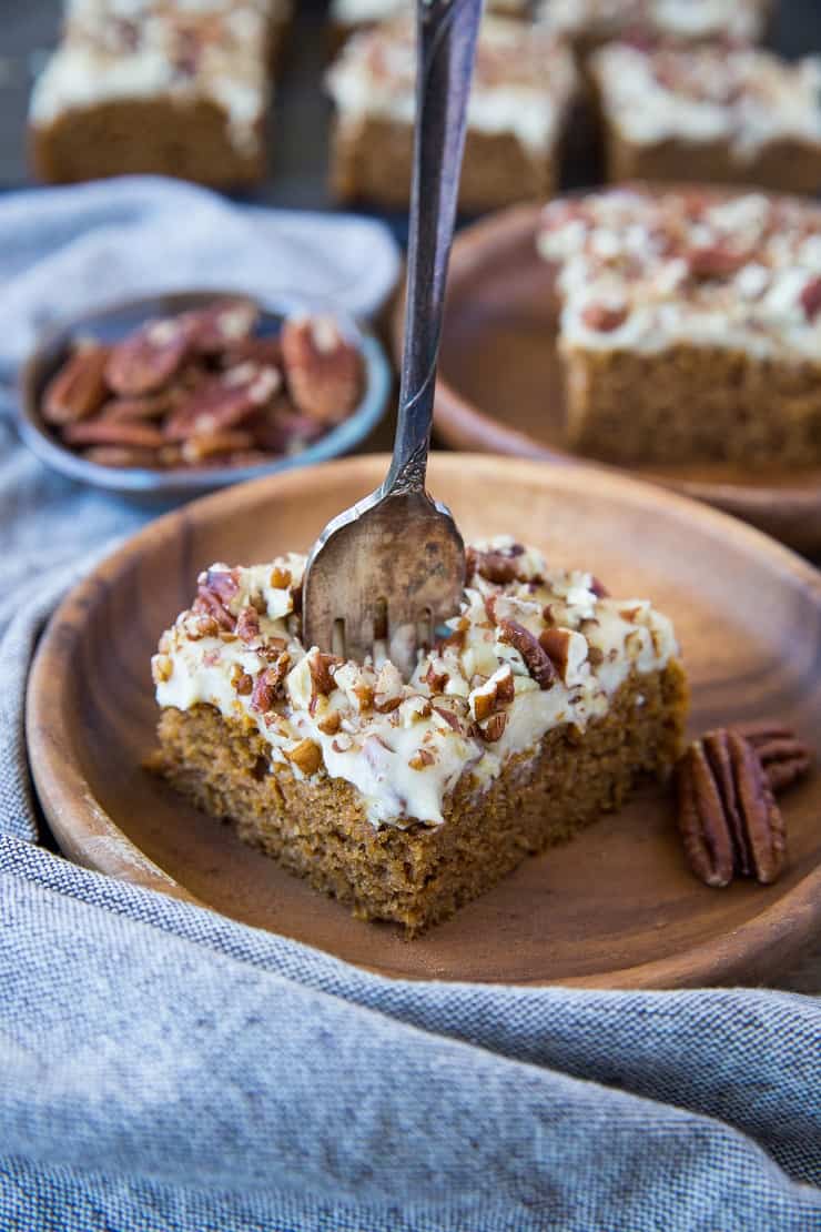 Paleo & Vegan Pumpkin Snack Cake with vegan "cream cheese" frosting - grain-free, dairy-free, egg-free, super moist and delicious! | TheRoastedRoot.net