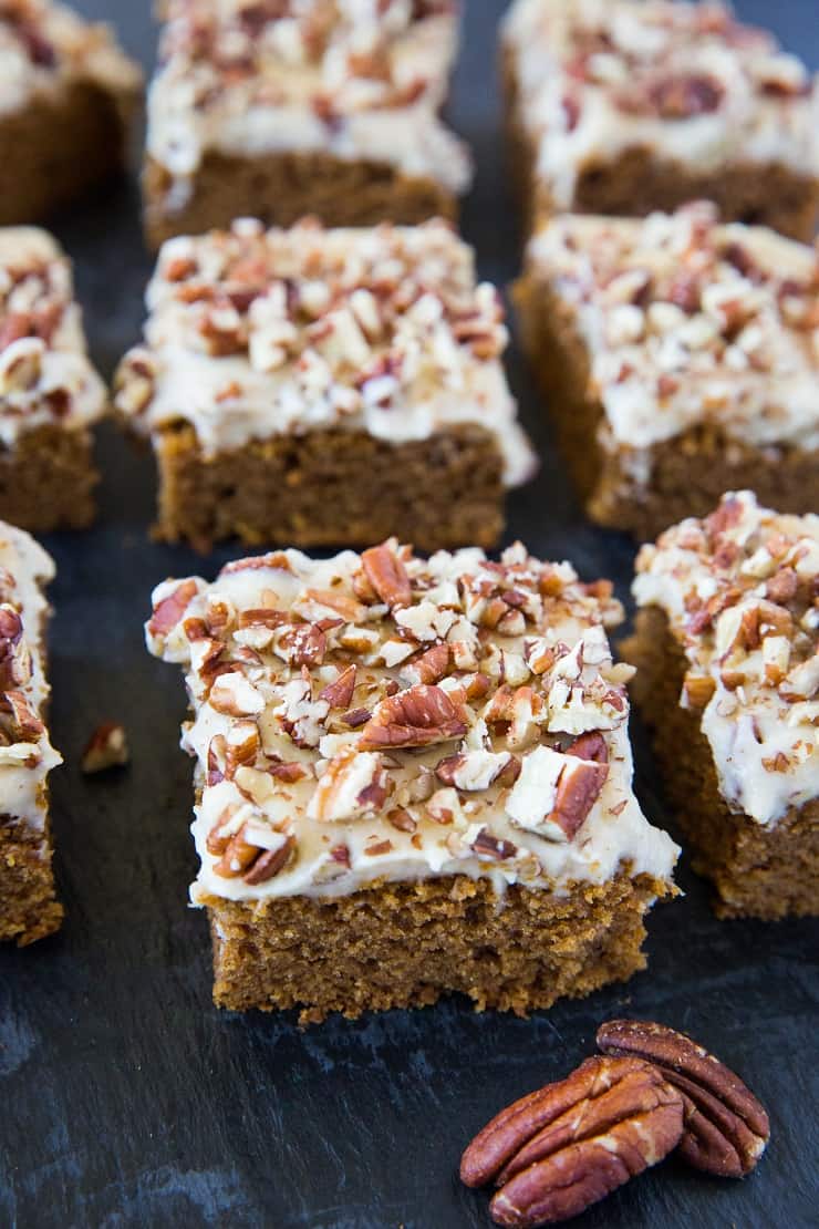 Paleo & Vegan Pumpkin Snack Cake with vegan "cream cheese" frosting - grain-free, dairy-free, egg-free, super moist and delicious! | TheRoastedRoot.net