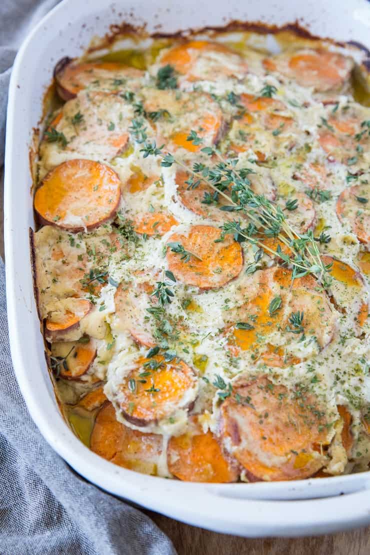 Paleo Scalloped Sweet Potatoes - dairy-free, fresh, and simple! An awesome holiday side dish | TheRoastedRoot.net #healthy #thanksgiving #recipe