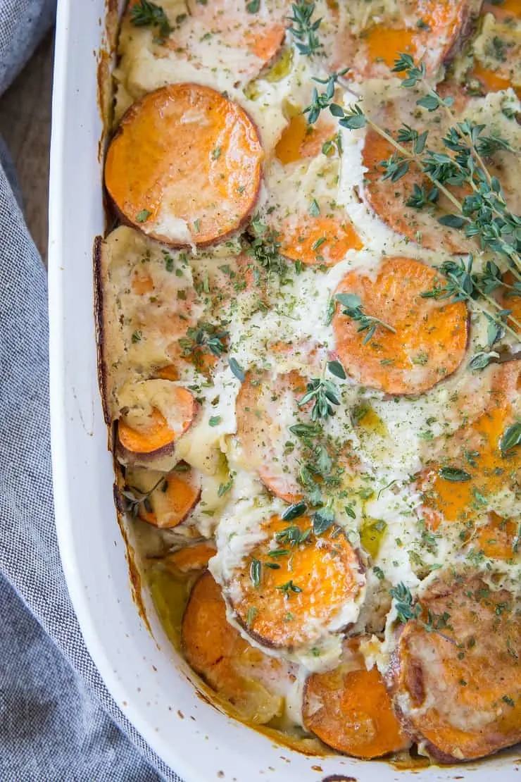 Paleo Scalloped Sweet Potatoes - dairy-free, fresh, and simple! An awesome holiday side dish | TheRoastedRoot.net #healthy #thanksgiving #recipe