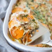 Paleo Scalloped Sweet Potatoes - dairy-free with a cauliflower sauce | Theroastedroot.net