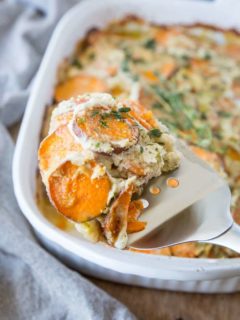 Paleo Scalloped Sweet Potatoes - dairy-free with a cauliflower sauce | Theroastedroot.net