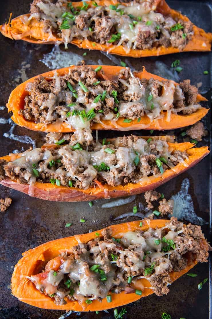 Taco-Stuffed Sweet Potatoes - an easy, healthy dinner recipe | TheRoastedRoot.net #glutenfree