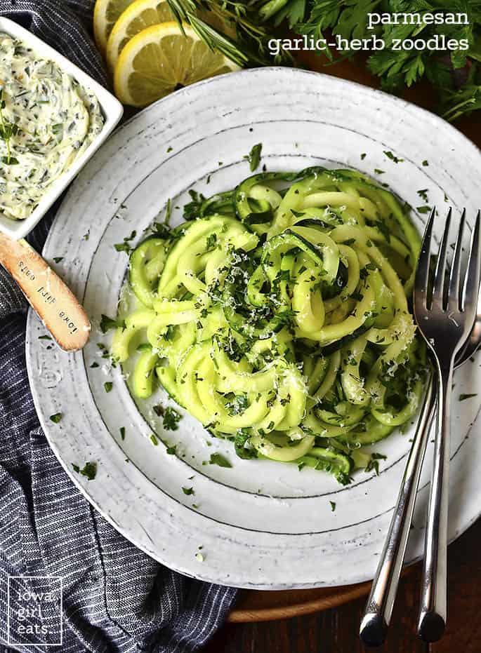 Parmesan Garlic Herb Zucchini Noodles from Iowa Girl Eats + 65 Keto Recipes | TheRoastedRoot.net #keto #lowcarb #vegetarian