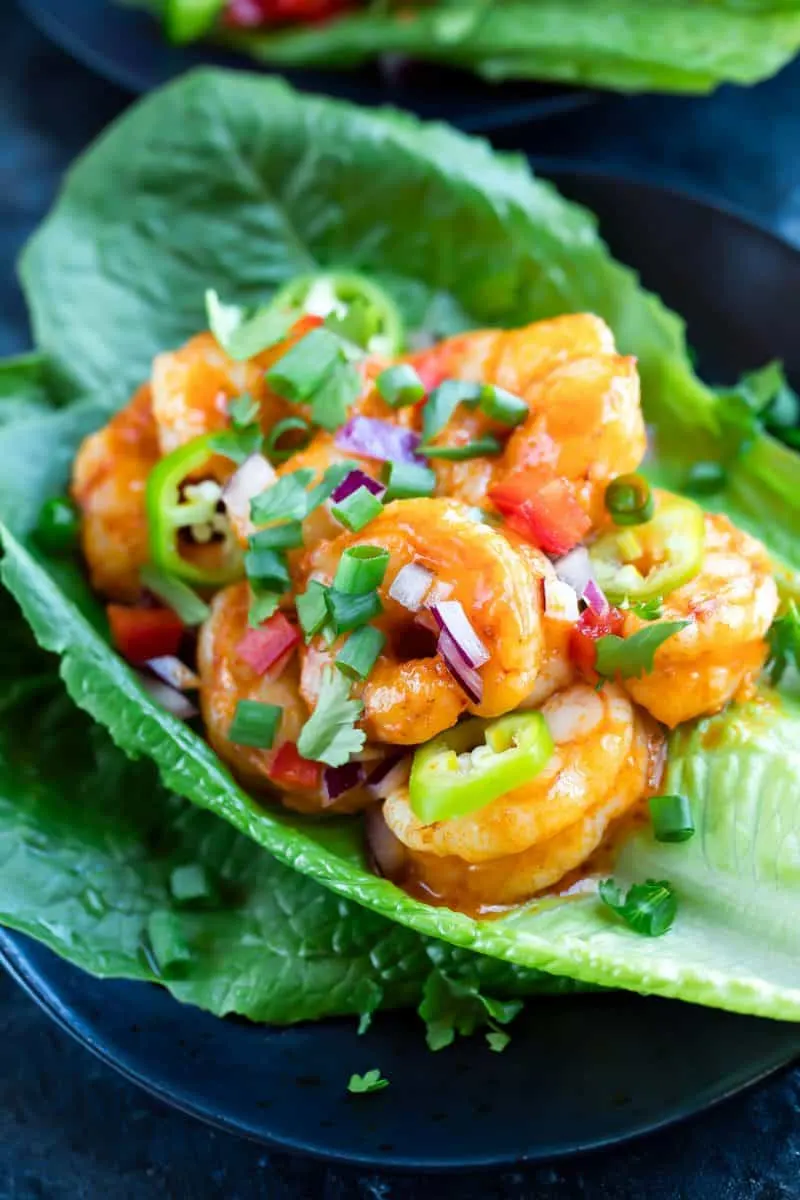 Buffalo Shrimp Lettuce Wraps + 65 Keto Recipes | TheRoastedRoot.net #keto #lowcarb