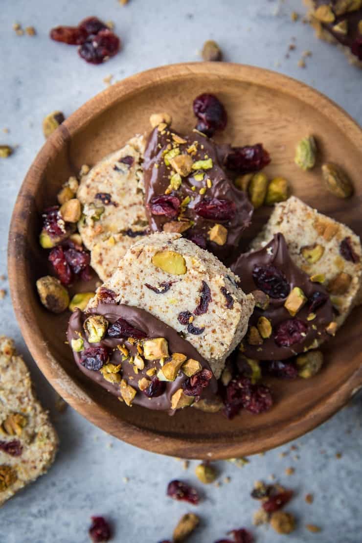 Cranberry Pistachio Vegan Shortbread Cookies - paleo, grain-free, gluten-free, dairy-free, healthy and delicious | TheRoastedRoot.net