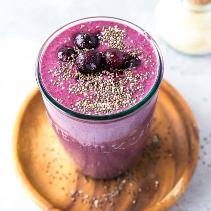 Adaptogenic Protein Smoothie (2 Ways!) with ashwagandha and maca. An easy nutrient-dense smoothie for a clean snack or meal in a glass. | TheRoastedRoot.net #paleo #smoothie #greensmoothie