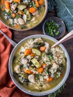 Instant Pot Chicken Soup with Rice, vegetables, and kale. An easy, clean dinner recipe made in your pressure cooker! | TheRoastedRoot.net #glutenfree #healthy #chickensoup