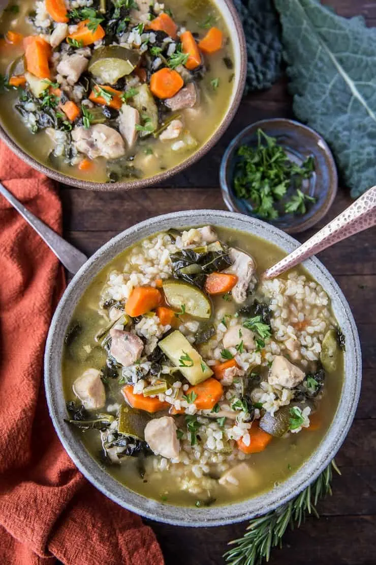 Instant Pot Chicken Soup with Rice, vegetables, and kale. An easy, clean dinner recipe made in your pressure cooker! | TheRoastedRoot.net #glutenfree #healthy #chickensoup