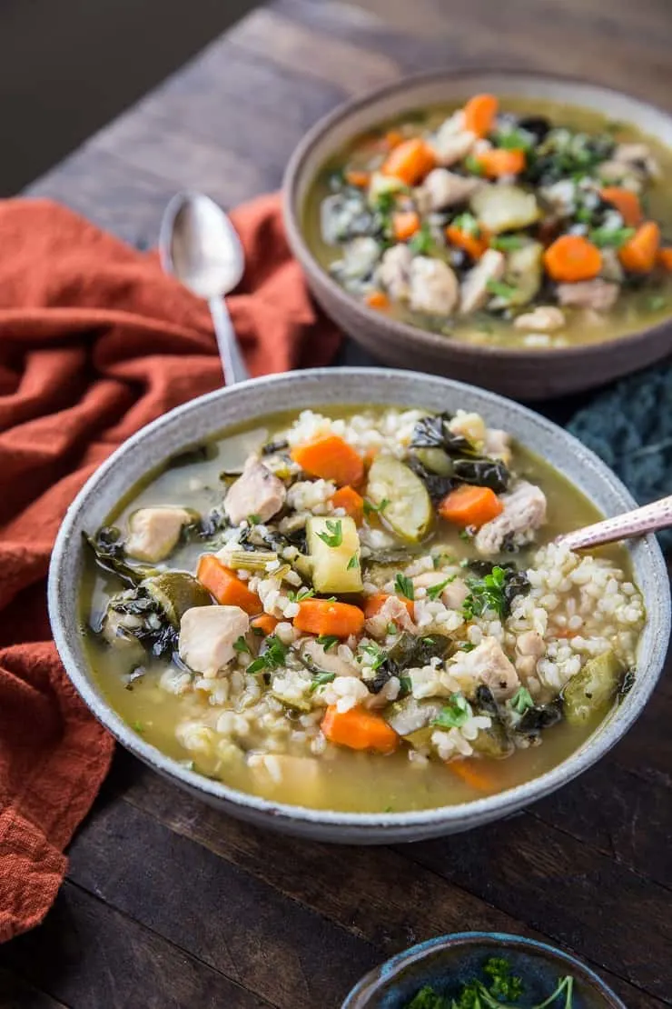 Silly Simple Instant Pot Chicken Soup with Rice - this healthy recipe is packed with vegetables like zucchini, kale, and carrots and is easy to make in your pressure cooker | TheRoastedRoot.net #glutenfree #healthy
