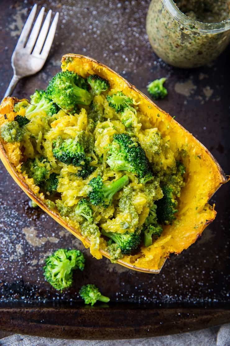 Spaghetti Squash with Roasted Pecan Pesto Sauce and Broccoli - and easy, healthy meal that is vegan, paleo, whole30, low-fodmap, and keto. | TheRoastedRoot.net