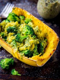 Spaghetti Squash with Roasted Pecan Pesto Sauce and Broccoli - and easy, healthy meal that is vegan, paleo, whole30, low-fodmap, and keto. | TheRoastedRoot.net