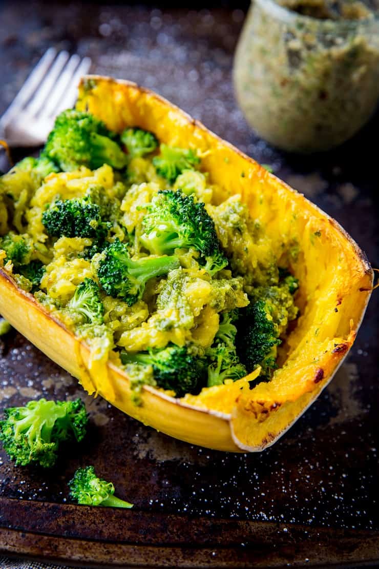 Spaghetti Squash with Roasted Pecan Pesto Sauce and Broccoli - and easy, healthy meal that is vegan, paleo, whole30, low-fodmap, and keto. | TheRoastedRoot.net