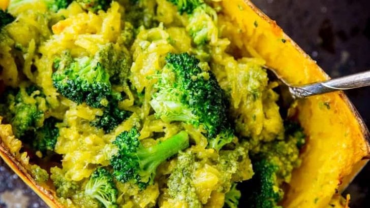 Spaghetti Squash with Roasted Pecan Pesto Sauce and Broccoli - and easy, healthy meal that is vegan, paleo, whole30, low-fodmap, and keto. | TheRoastedRoot.net