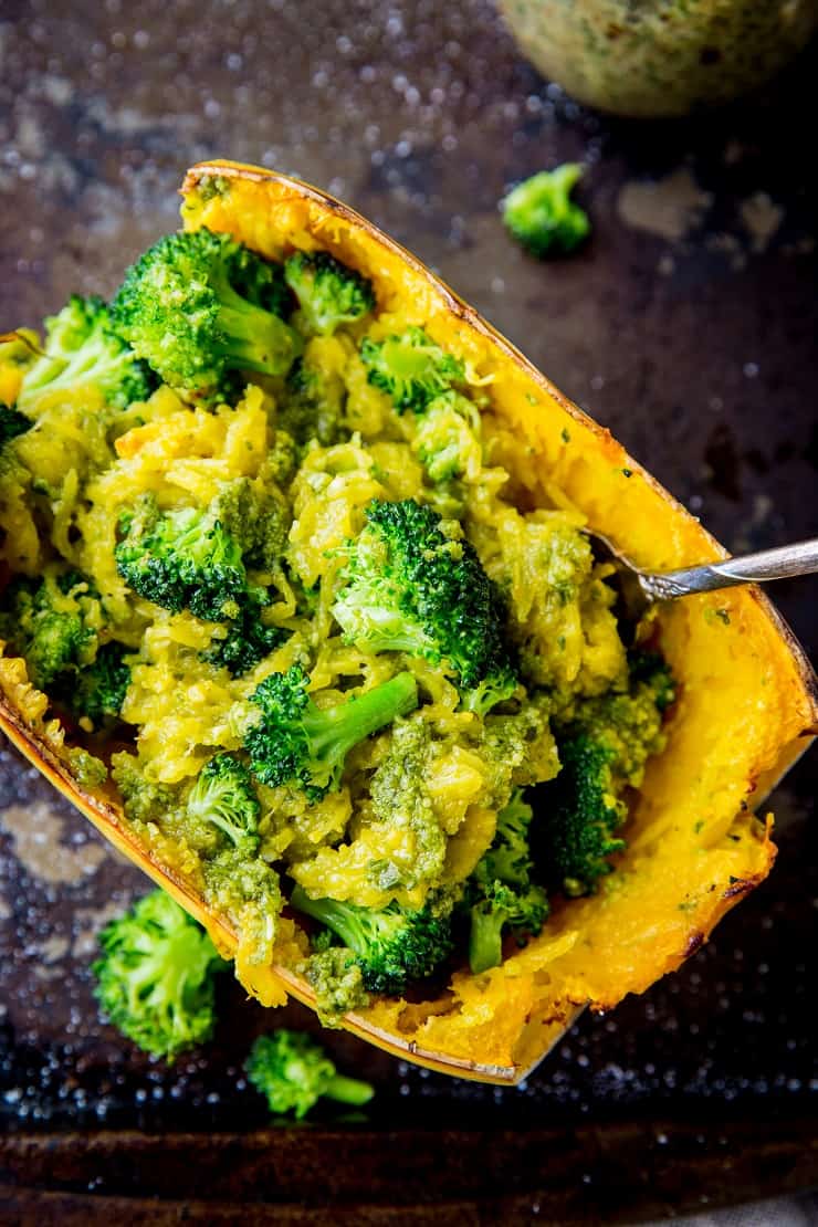 Spaghetti Squash with Roasted Pecan Pesto Sauce and Broccoli - and easy, healthy meal that is vegan, paleo, whole30, low-fodmap, and keto. | TheRoastedRoot.net