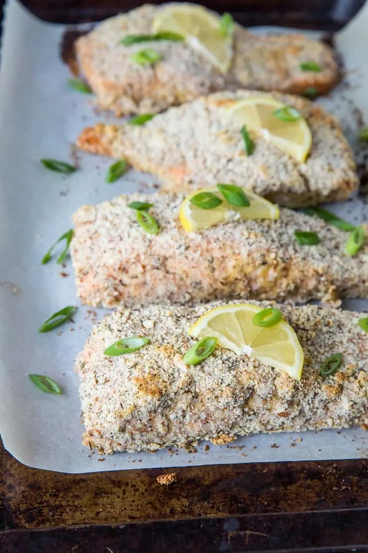 Almond Crusted Salmon - a quick, easy, delicious crispy salmon recipe requiring only a few basic ingredients. This crusted salmon is Paleo, Whole30, Keto, and delicious! | TheRoastedRoot.net