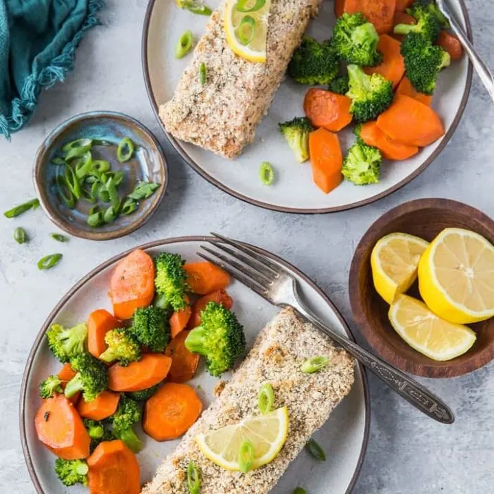 Almond Crusted Salmon - a quick, easy, delicious crispy salmon recipe requiring only a few basic ingredients. This crusted salmon is Paleo, Whole30, Keto, and delicious! | TheRoastedRoot.net